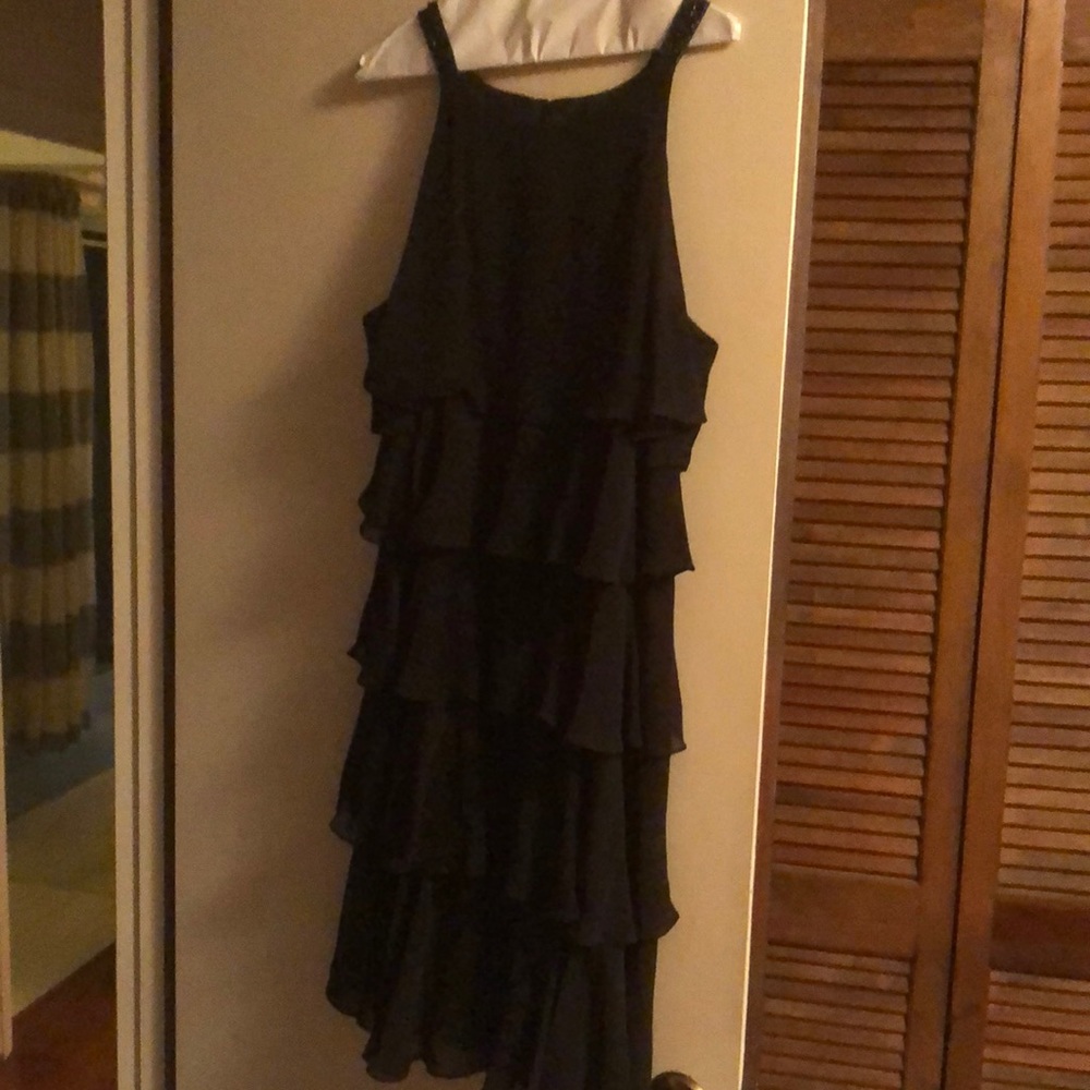 Tiered ruffle black dress.  Beaded straps